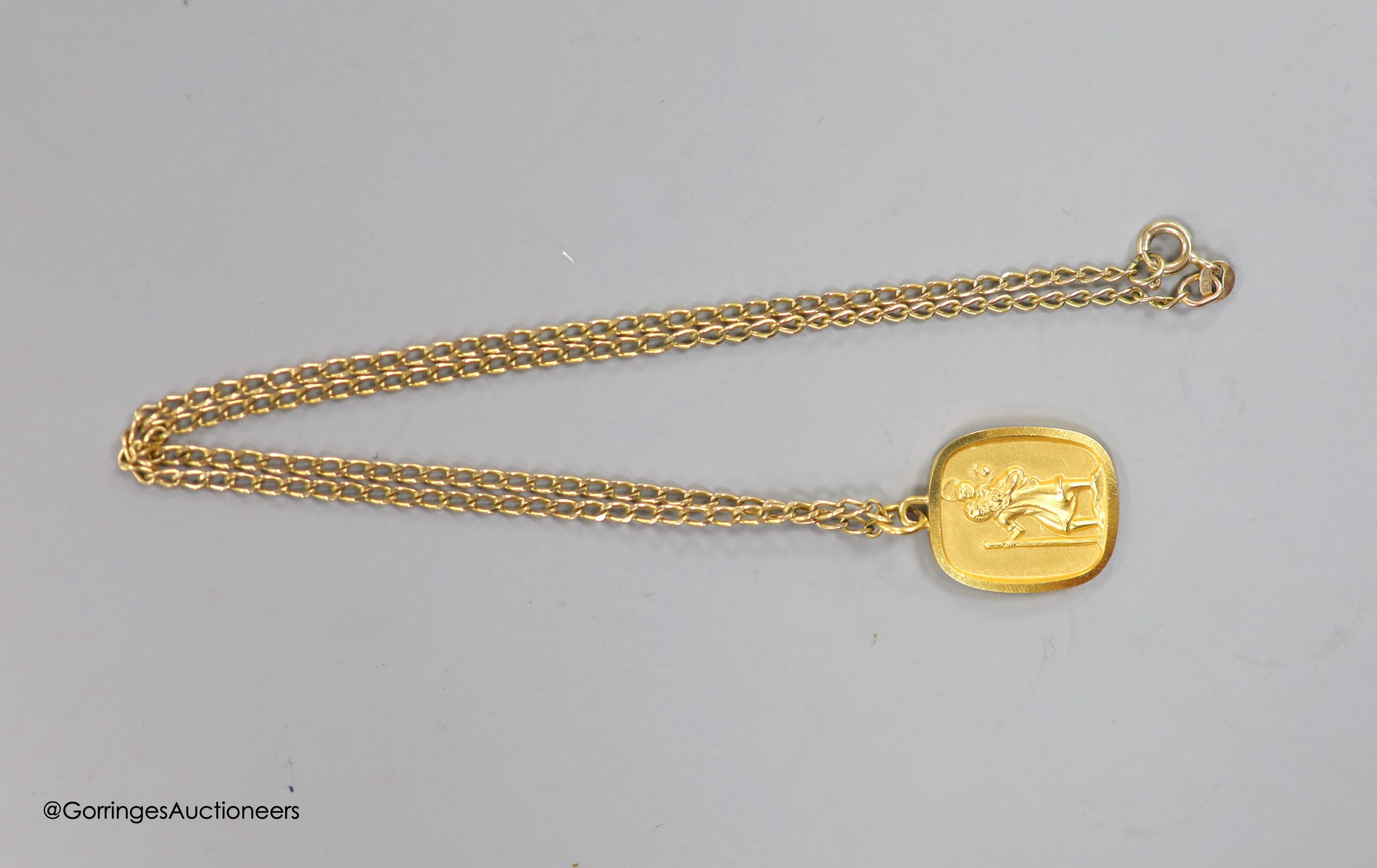 A 9ct yellow gold St Christopher pendant on 9ct yellow gold chain, 9.1g